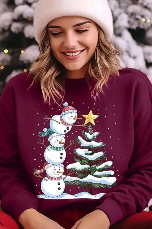 Fleece Sweatshirt Christmas Snowman Graphic Women's Sweater Cute & Cozy