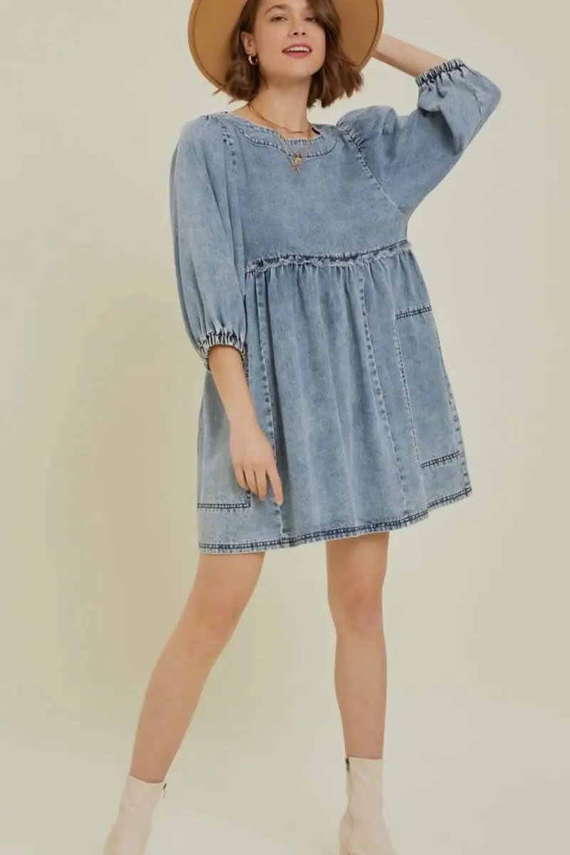 Dresses Trendsi Denim Dress Women's Casual Mini Dress Cutout Round Neck Balloon Sleeve
