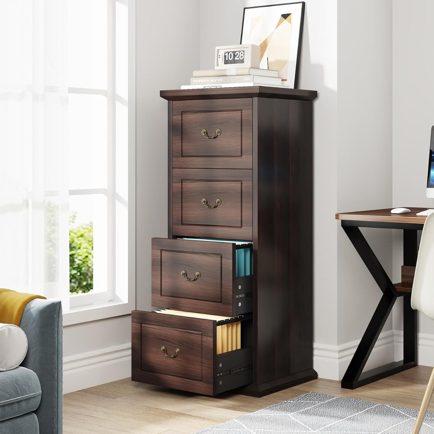 4 Drawer Vertical File Cabinet For A4 / Letter Files - Walnut