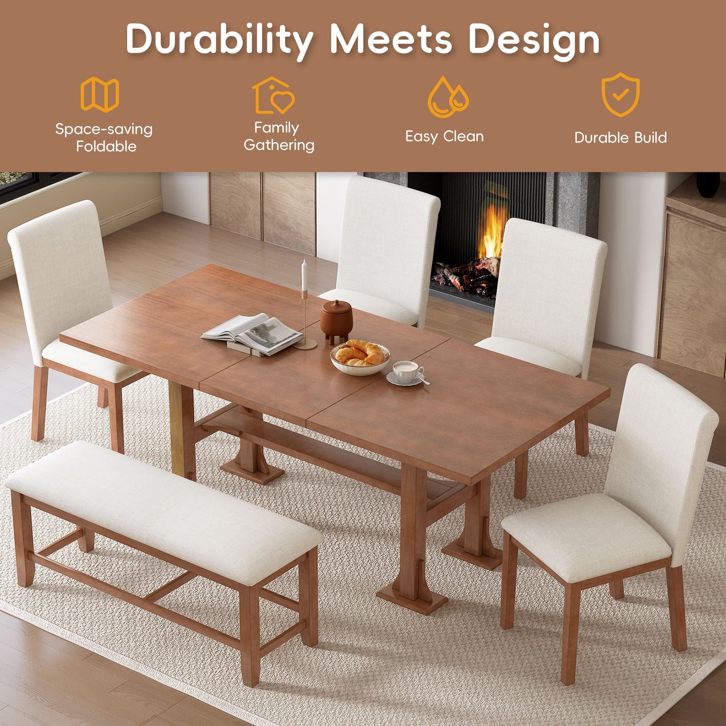 TOPMAX Farmhouse 76inch 6-Piece Extendable Dining Table Set