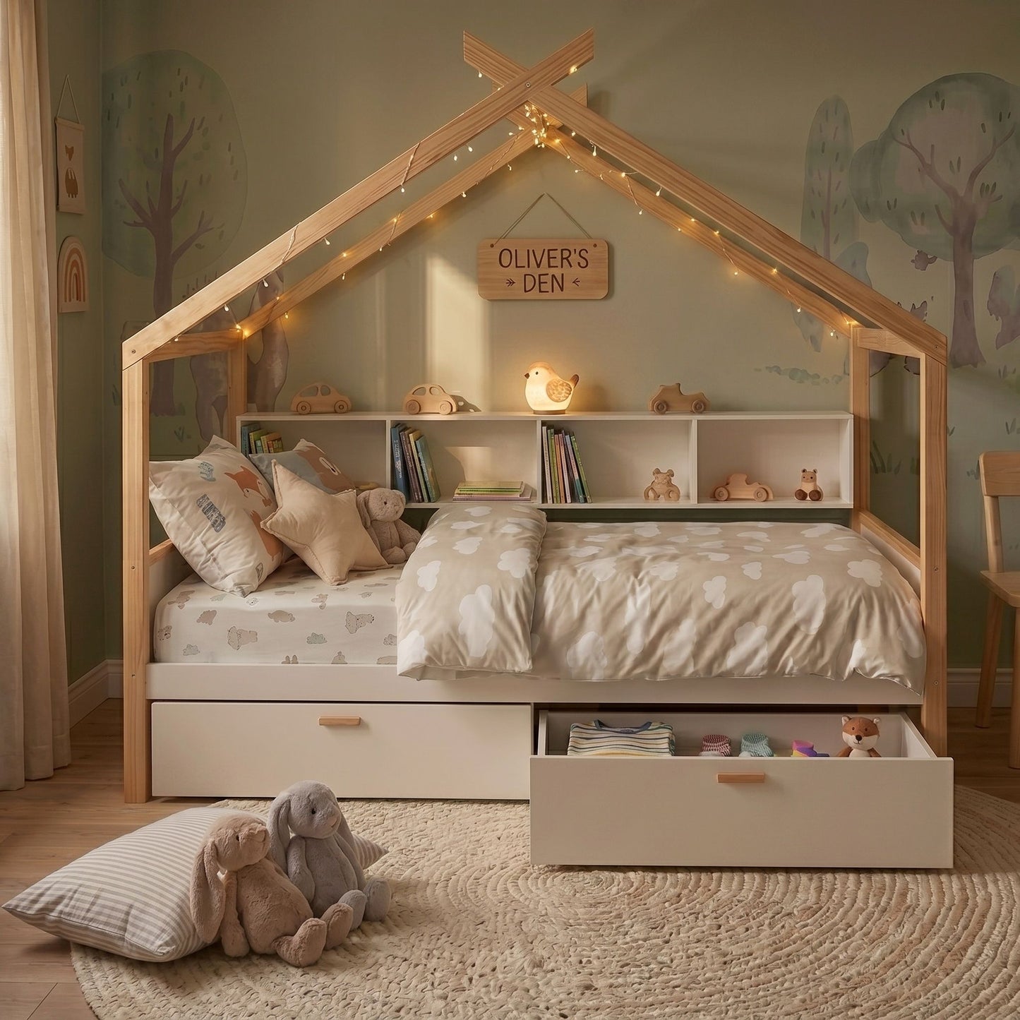 House Bed With Bookshelf Storage