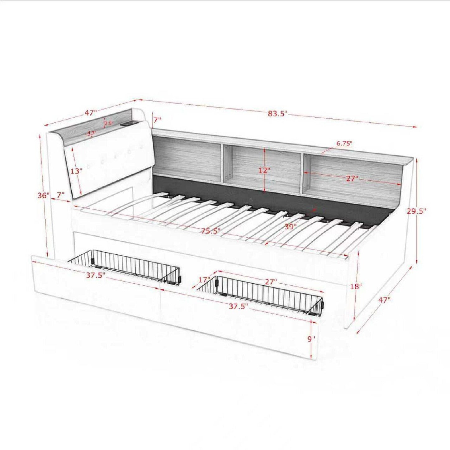 Upholstered Daybed With Storage Headboard, Wireless Charging, LED Lights