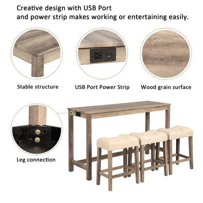 4 Piece Bar Table Set With Power Outlet, 3 Padded Stools