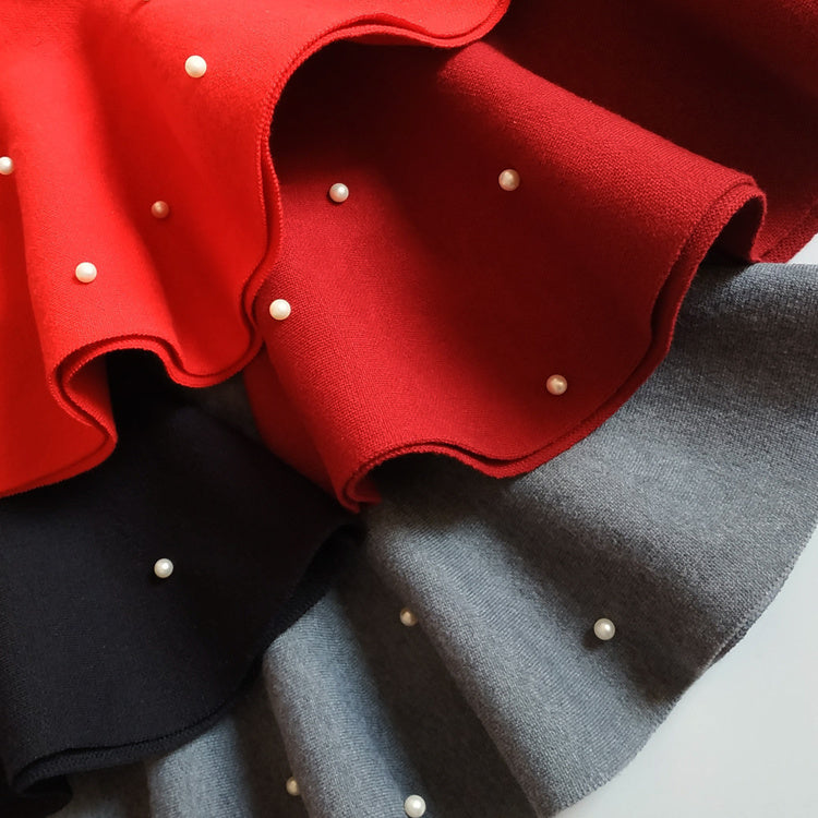 Girls High Waist Knitted Pearl Umbrella Skirt