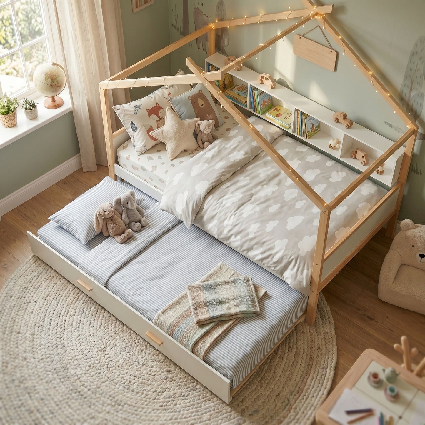 House Bed With Bookshelf Storage