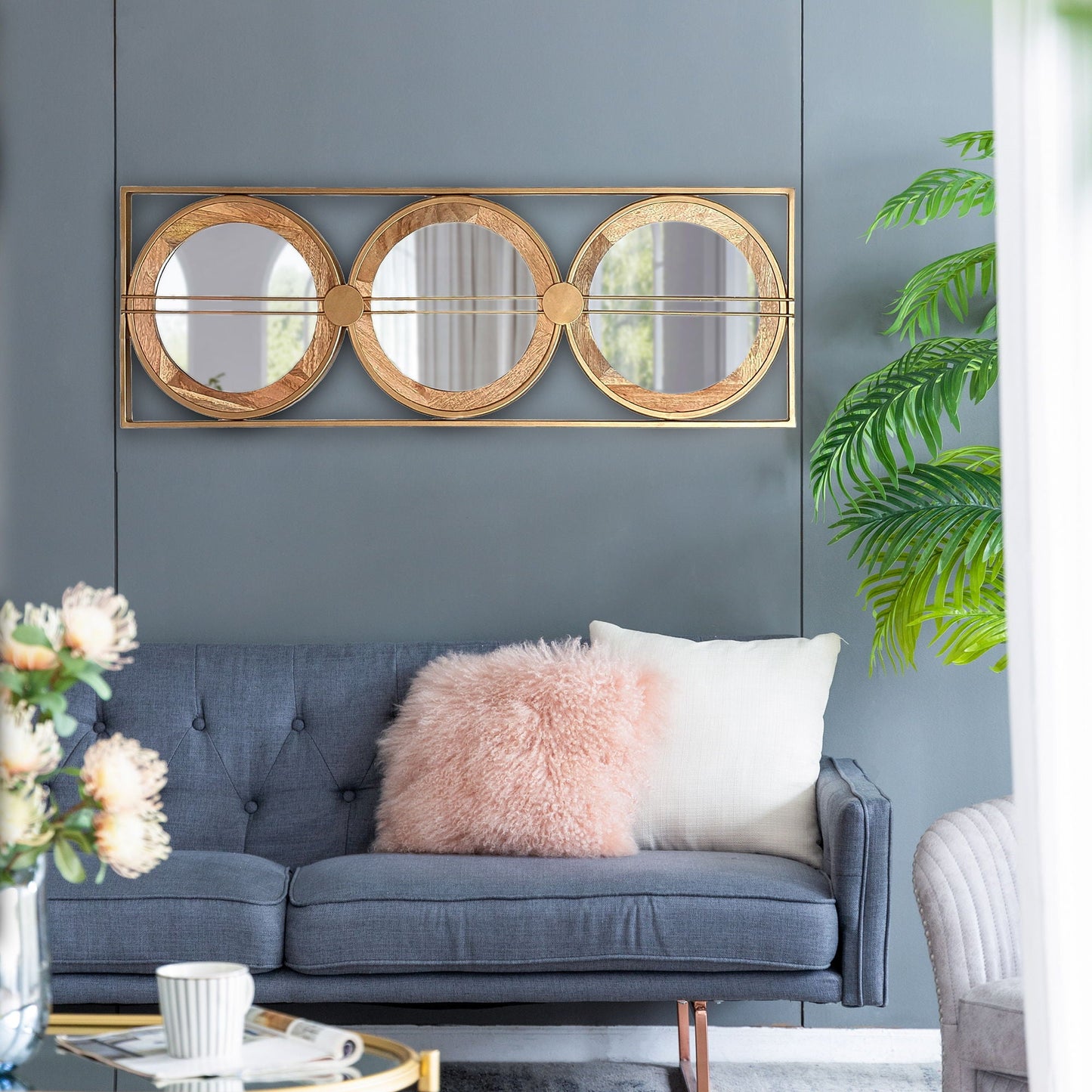 3 Mirror Piece Wall Mirror InRectangular Frame, Home Wall Decor For Bedroom Living Room - Brown