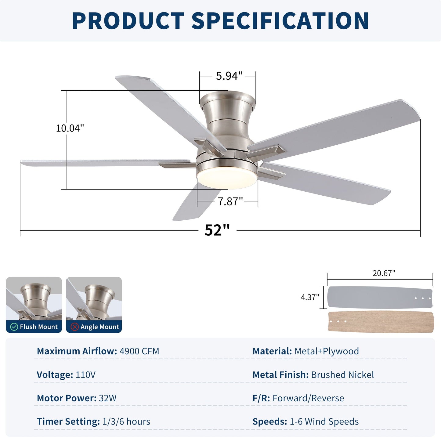 Mordern Flush Mount Ceiling Fan With Light And Remote Control