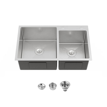 Stainless Steel Kitchen Sink, 32"x19" Double Bowl in Brushed Nickel