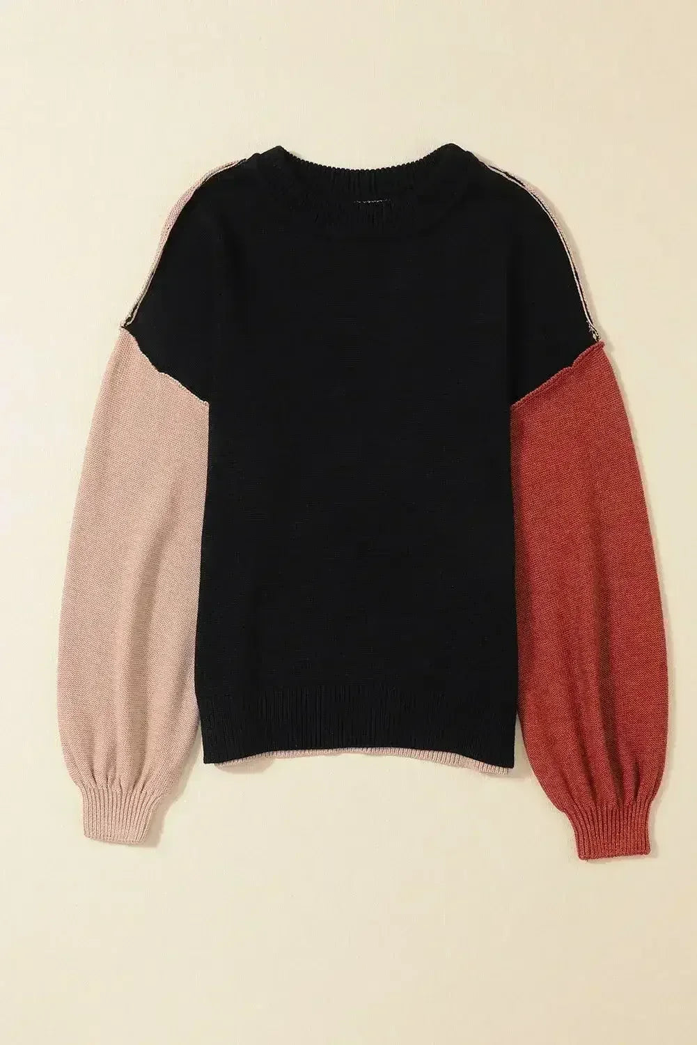 Colorblock Bishop Sleeve Sweater - Ribbed Trim | Femstylo