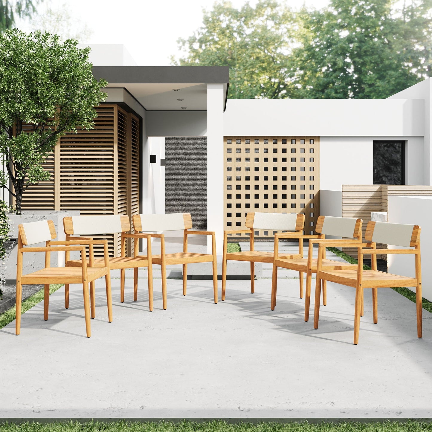 Creative Braided Acacia Wood Outdoor Dining Chairs with Armrests (Set of 2) - Teak / White
