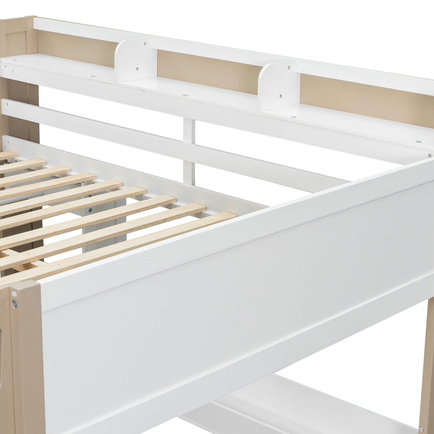 Loft Bed With Built In Storage Shelves, Clothes Rail, And Desk