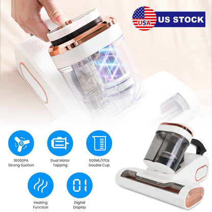16000PA Double-Cup Bed Vacuum Cleaner 500W Mattress Handheld Vacuum Dust Mites Remover with Heating Function for Bed Sofa Rug