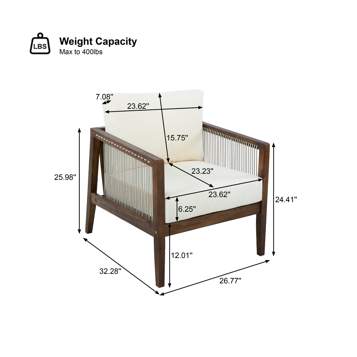 Outdoor Club Chair, Acacia Wood Frame with Rope Back, Water-Repellent