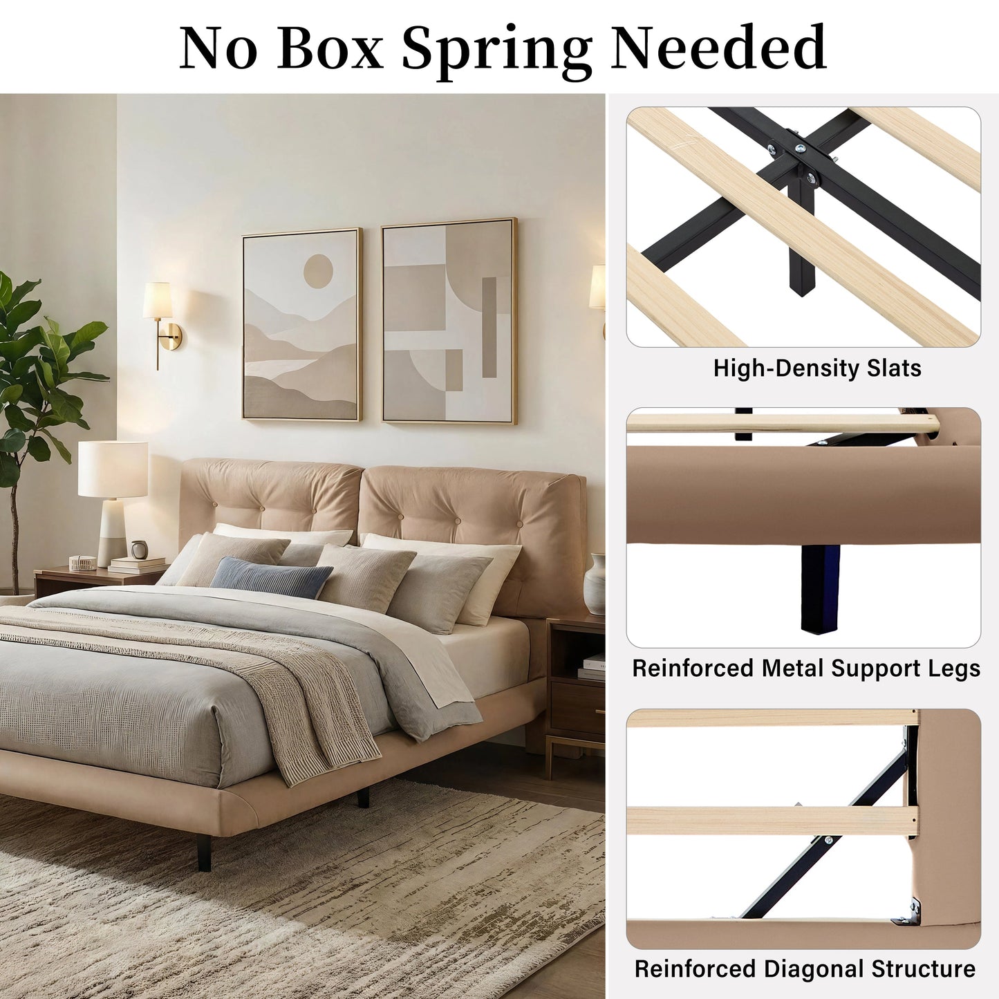 Queen Size Upholstered Floating Bed Frame with LED Lights, Khaki