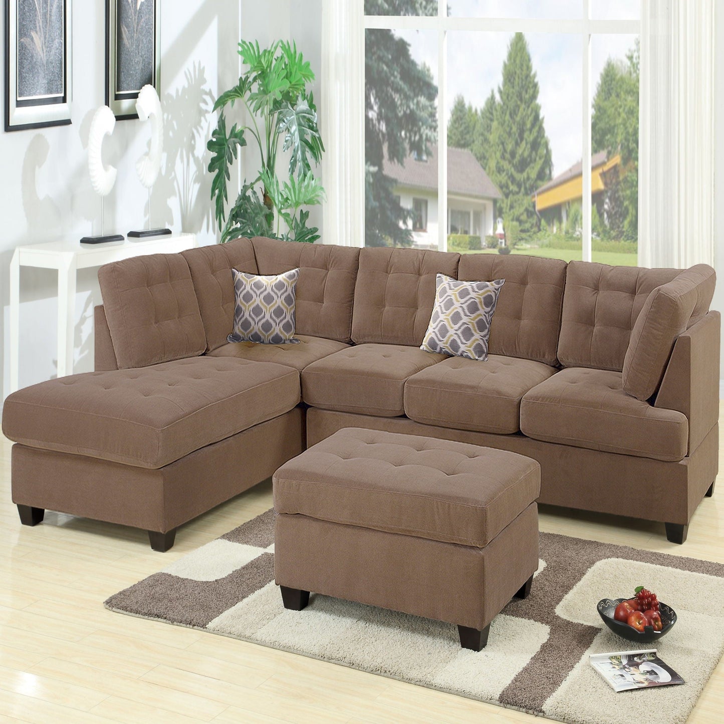 Truffle Waffle Suede Sectional Sofa With Tufted Cushions And Accent Pillows, Reversible Chaise - Neutral