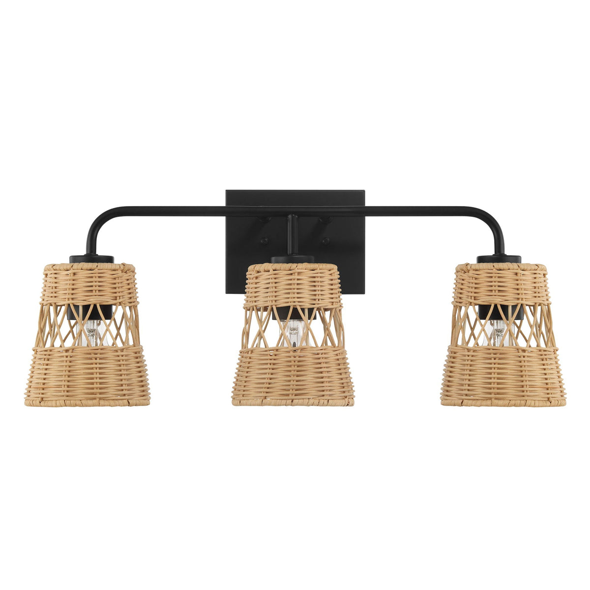 Moonlit - 3 Lights Wall Sconce With Shade, Bathroom Lighting Fixtures Over Mirror - Black / Rattan