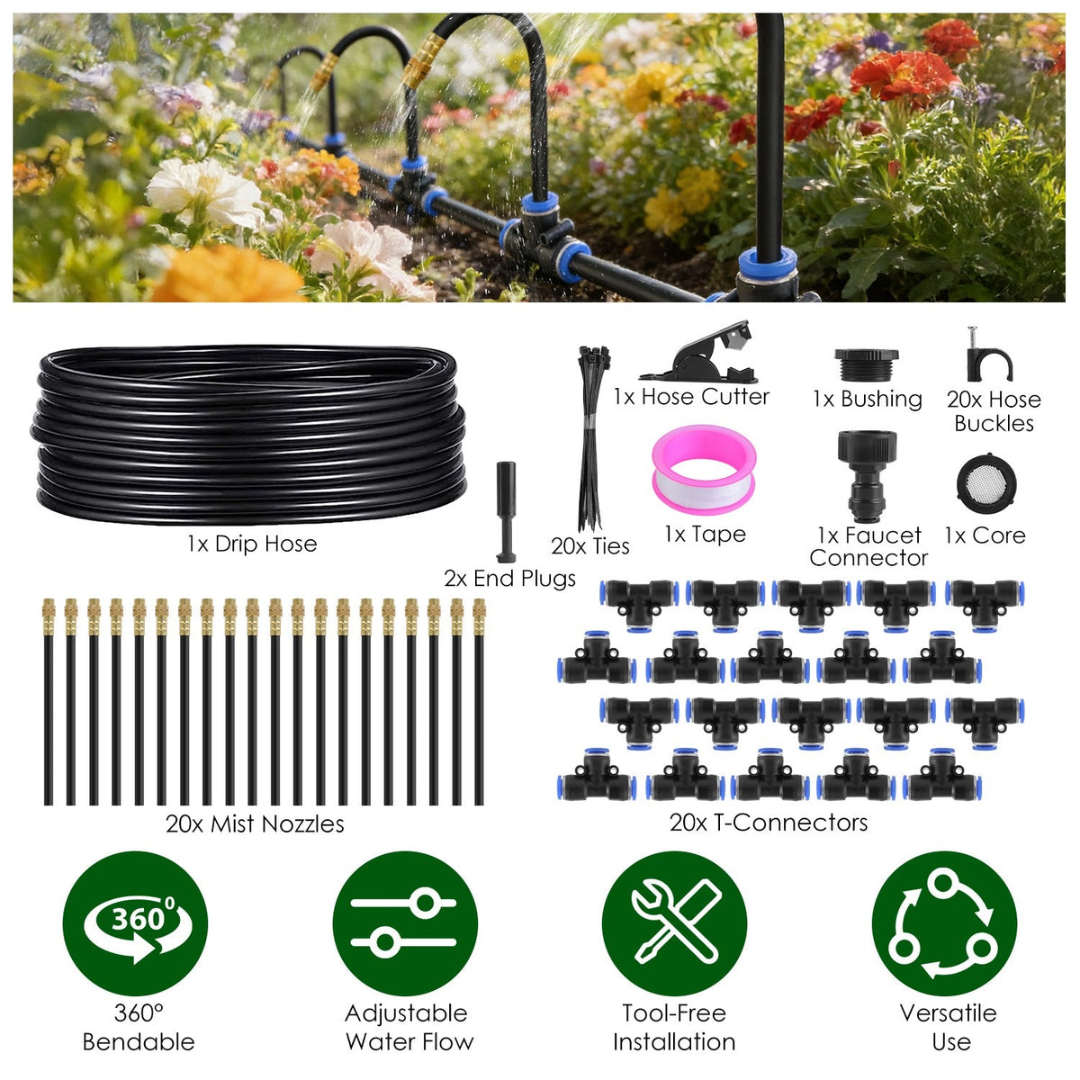 360° Bendable Drip Irrigation System with 49FT 5/8” Tubing Hose 5/16” Faucet Connector Automatic Watering Misting Kit For Garden Greenhouse Yard Lawn