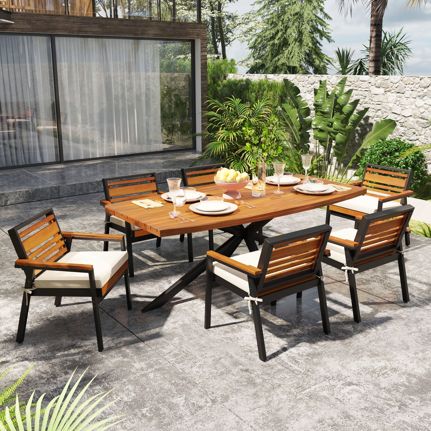 Modern 7-Piece Dining Set with Acacia Wood and Iron Frame