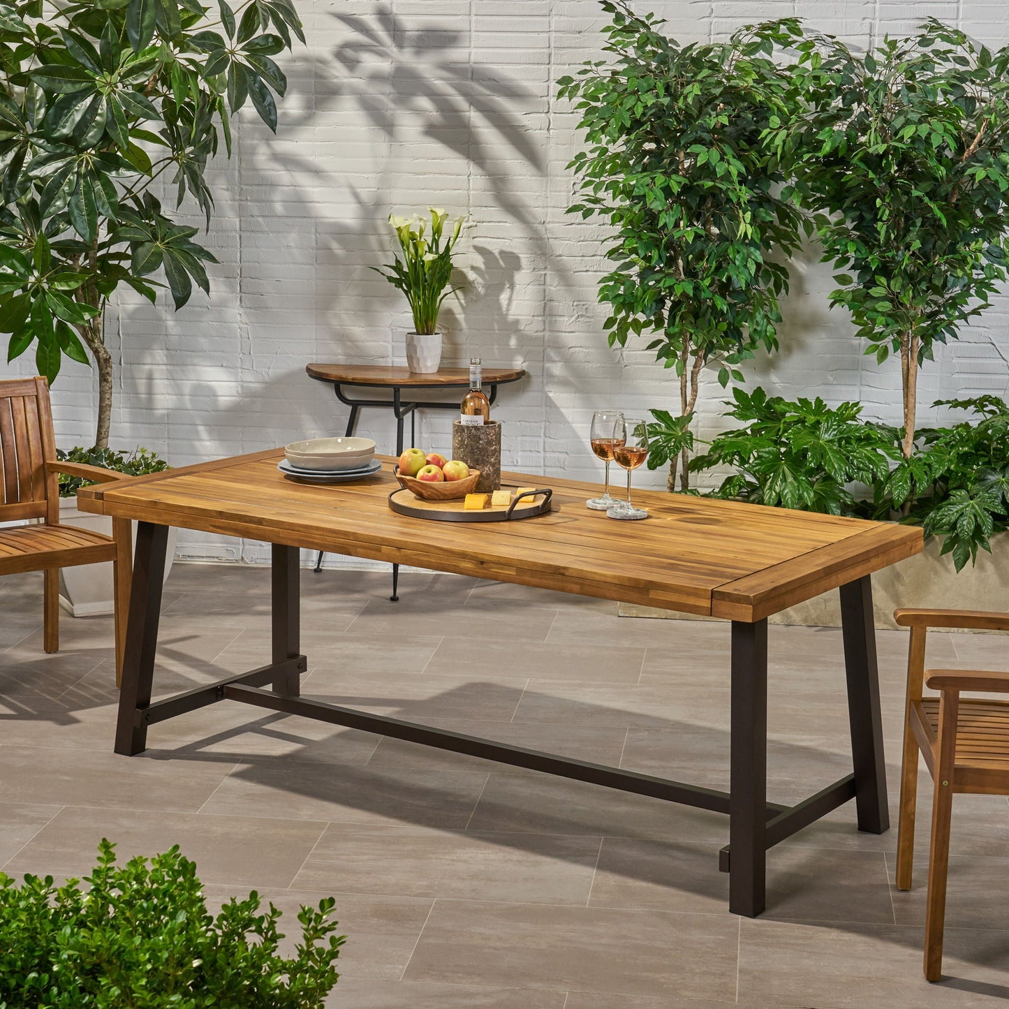 Equilibrium Outdoor Dining Table with Wooden Frame and Slat Top