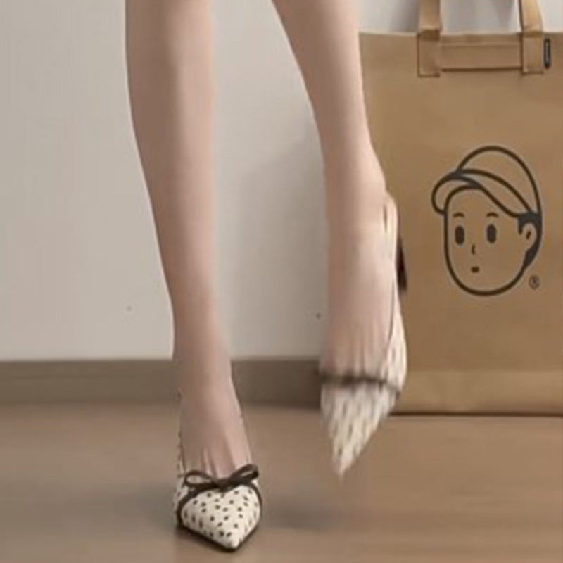 Apricot Bow Polka Dot Pointed Toe Block Heel Sandals, Elegant Gentle Style Women Closed Toe High Heels