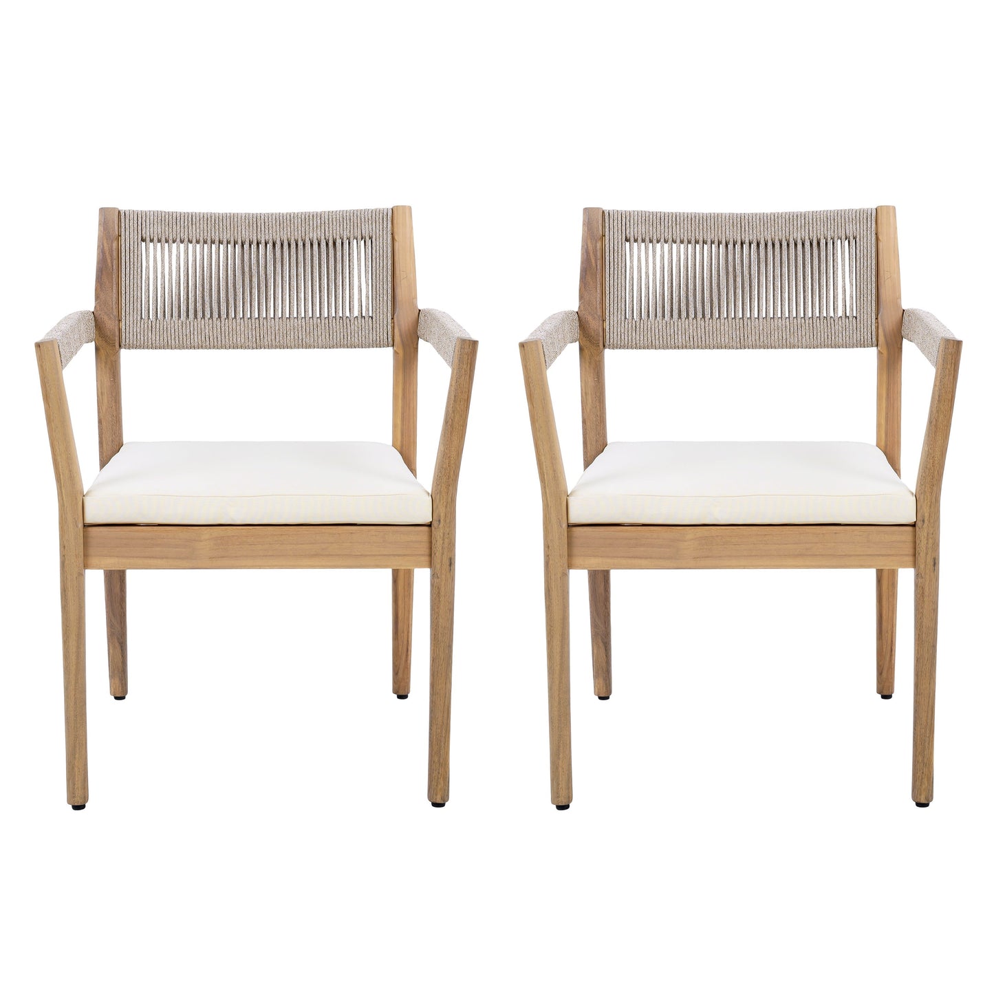 Braided Acacia Wood Outdoor Dining Chairs Set of 4 – Teak Look with Beige Rope & Cream Cushions