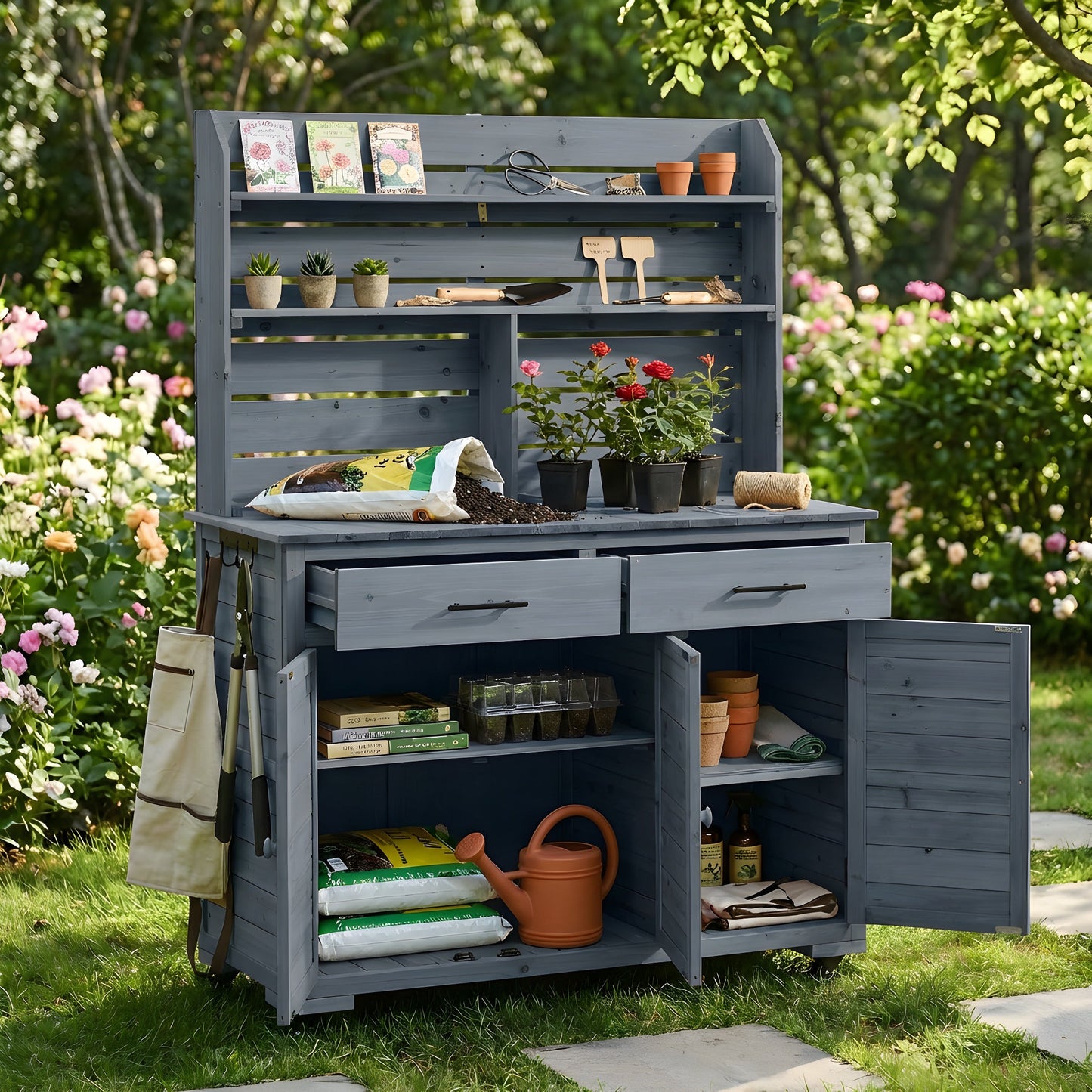 TOPMAX 65"H Large Garden Potting Bench with Storage and Lockable Wheels