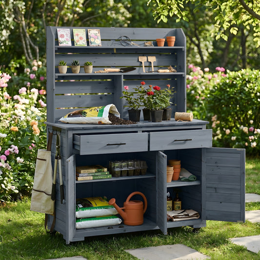 TOPMAX 65"H Large Garden Potting Bench with Storage and Lockable Wheels