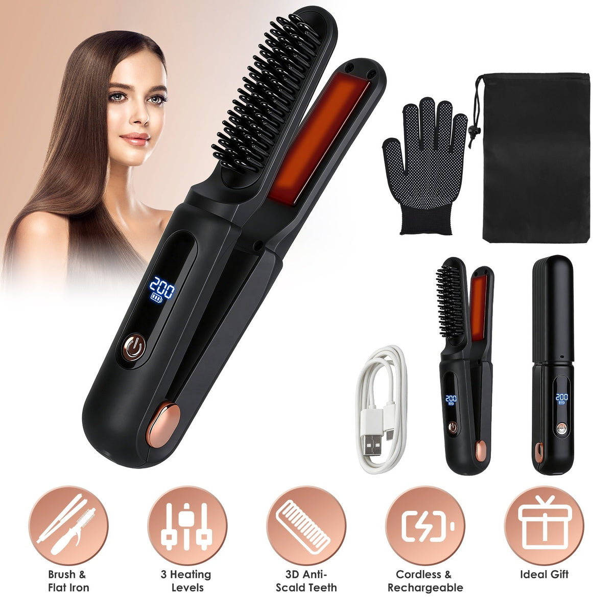 Cordless Hair Straightener Brush 2-in-1 Ceramic Flat Iron