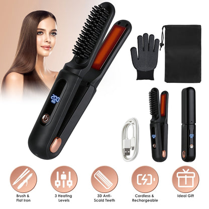 Cordless Hair Straightener Brush 2-in-1 Ceramic Flat Iron