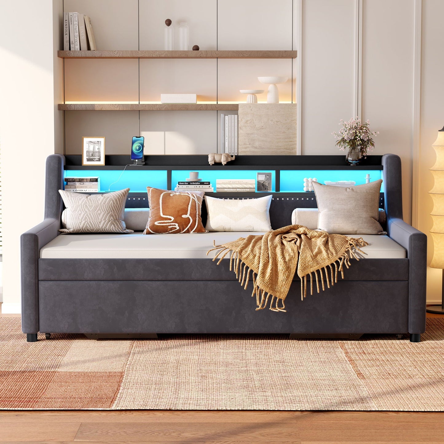 Twin Size Daybed With Trundle With LED Light ? Charging Station - Dark Gray
