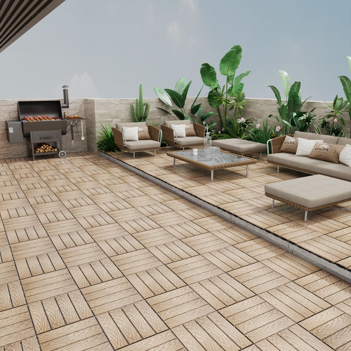 Patio Deck Tiles, Interlocking Diy Flooring For Indoor / Outdoor Use (Set of 22) - Teak