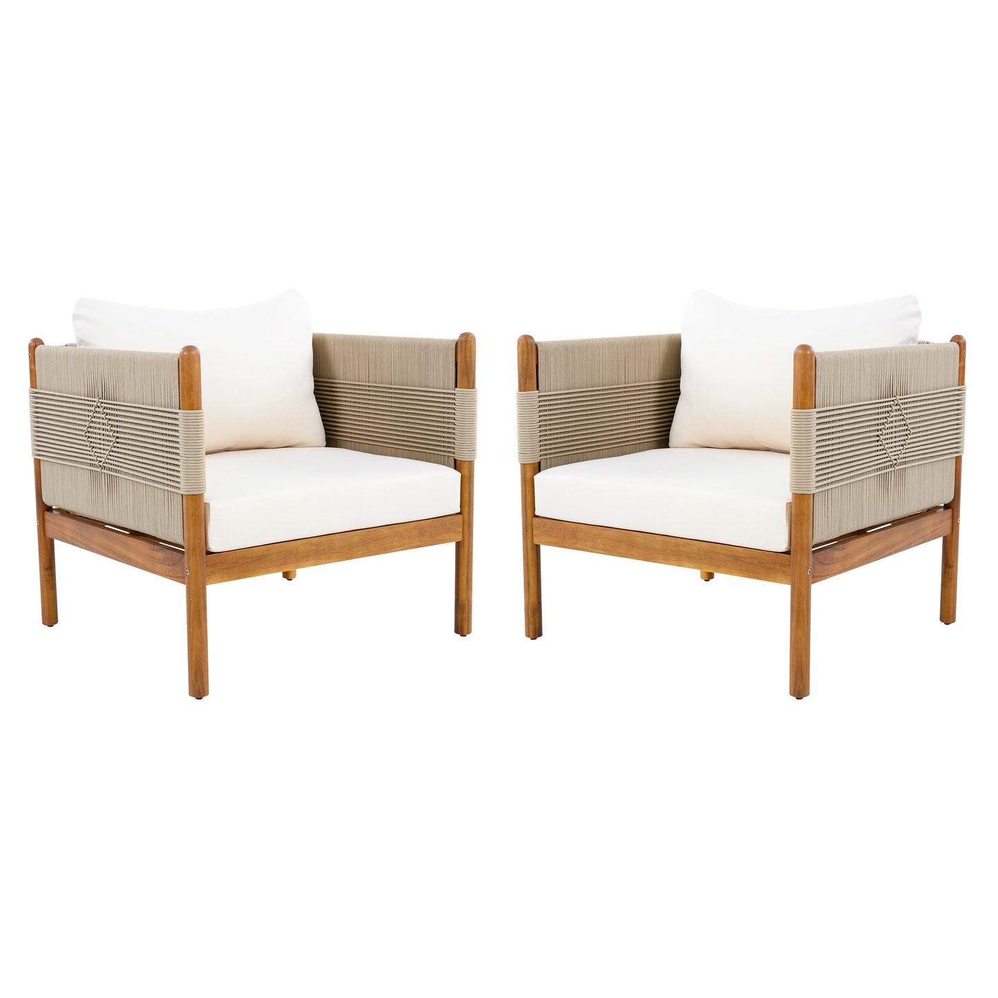 Outdoor Club Chairs (Set of 2) with Diamond-Pattern Beige Rope, Teak Finish