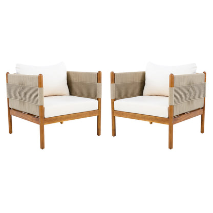 Outdoor Club Chairs (Set of 2) with Diamond-Pattern Beige Rope, Teak Finish