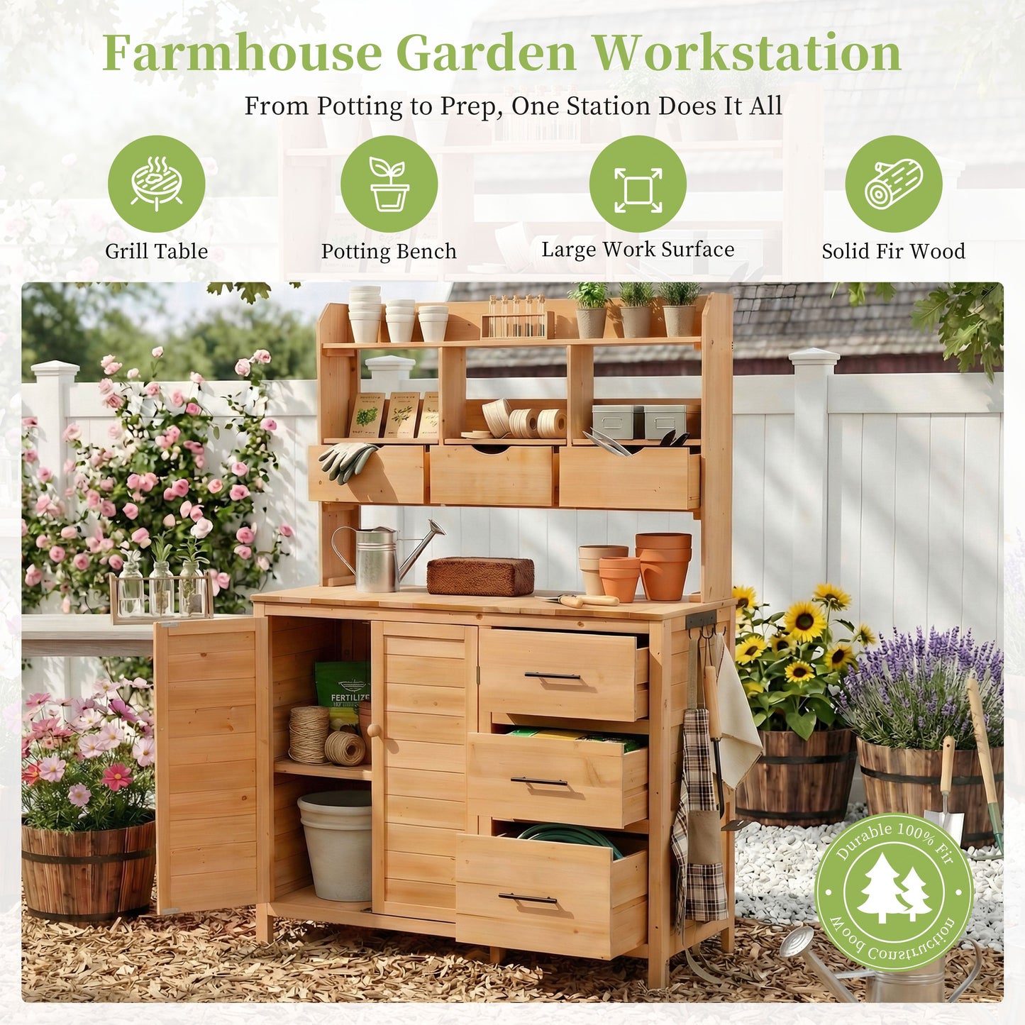 TOPMAX Farmhouse Patio Potting Bench with Storage and Workstation