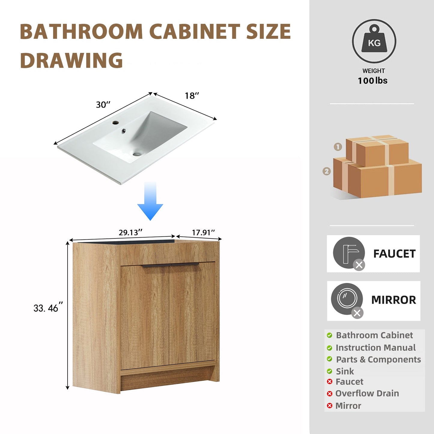 30inch Floor-Standing Bathroom Vanity with 3D Grooved Panel and Integrated Ceramic Sink