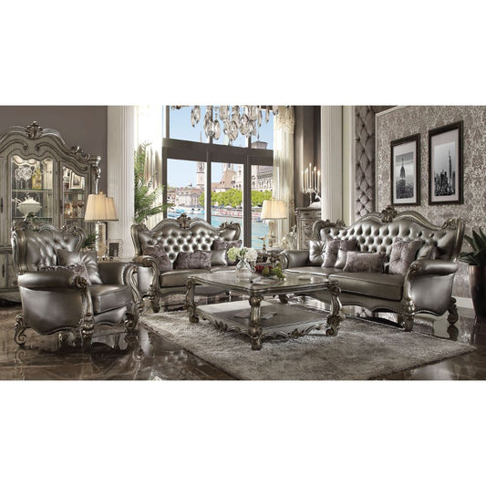 Versailles - Loveseat With 4 Pillows - Silver Synthetic Leather & Antique Platinum