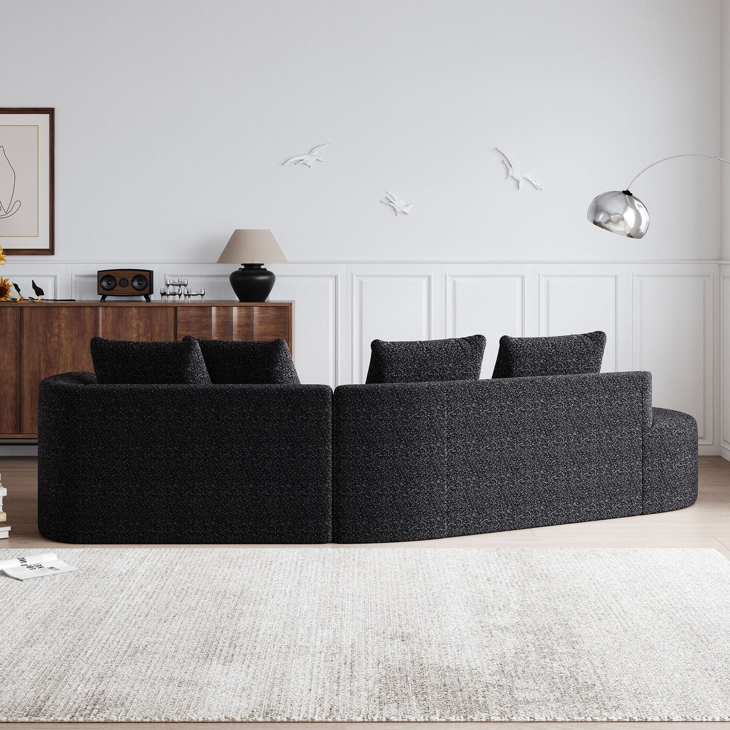 Upholstered Oversized Sectional Sofa, 4 Seater Extra Deep & Wide Seat Curved Cloud Couch With 4 Throw Pillows, Free Combination Living Room - Black