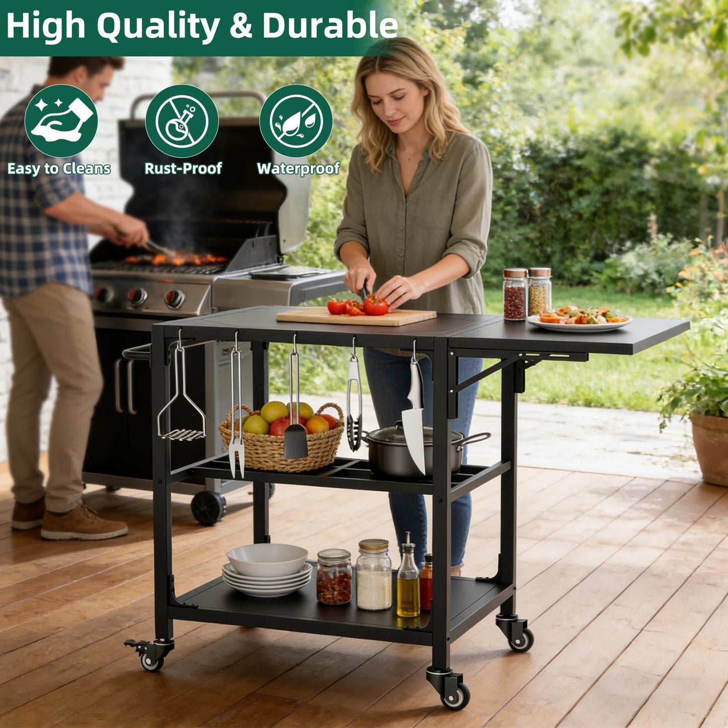 Outdoor Grill Table, Prep Cart With Wheels, Storage Shelf And Hooks - Black
