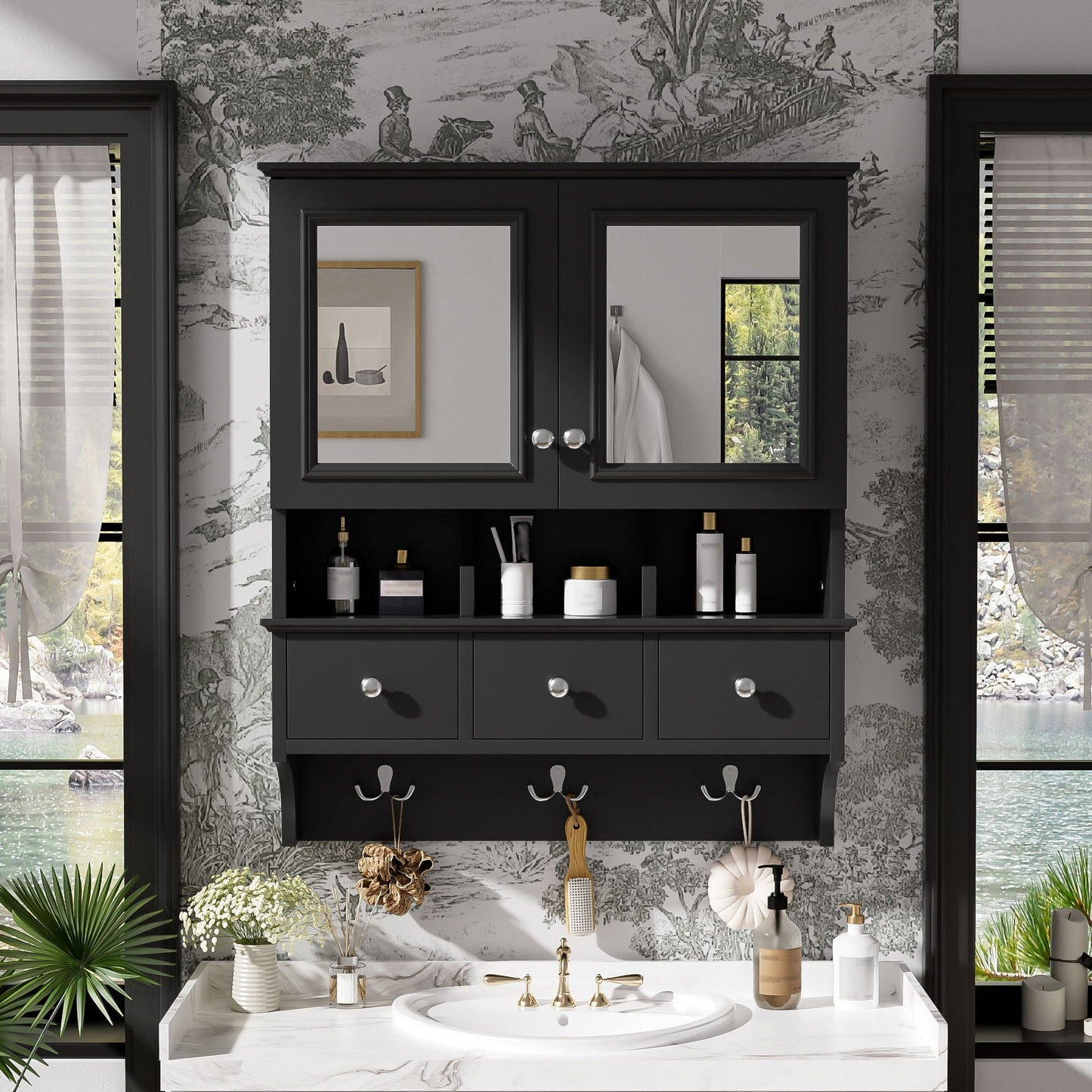 Modern Bathroom Mirror Cabinet With Drawers, Organizer Hooks, And High-Definition Mirrors