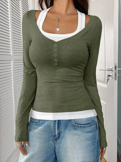 Scoop Neck Fake Two-Piece T-Shirt