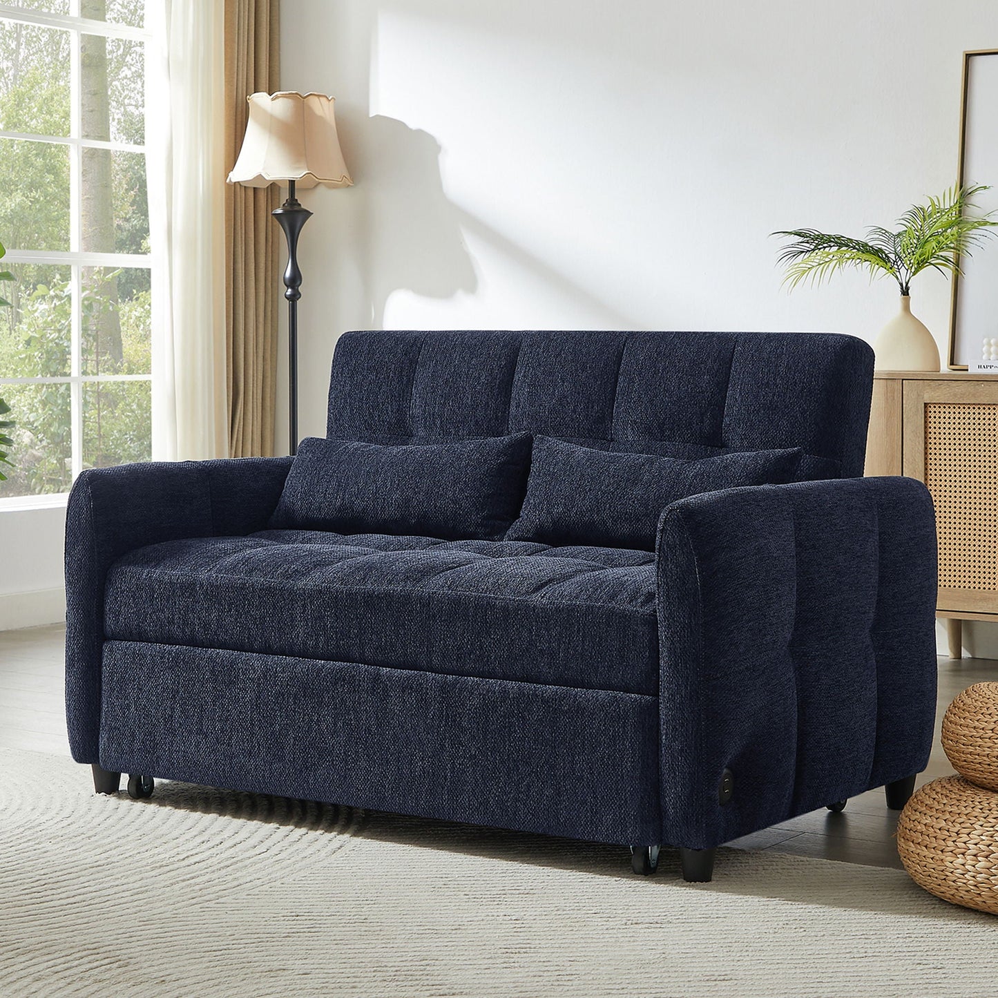 Loveseat Sofa Pull-Out Bed With Adjustable Backrest, 3 USB Ports And 2 Lumbar Pillows For Living Room