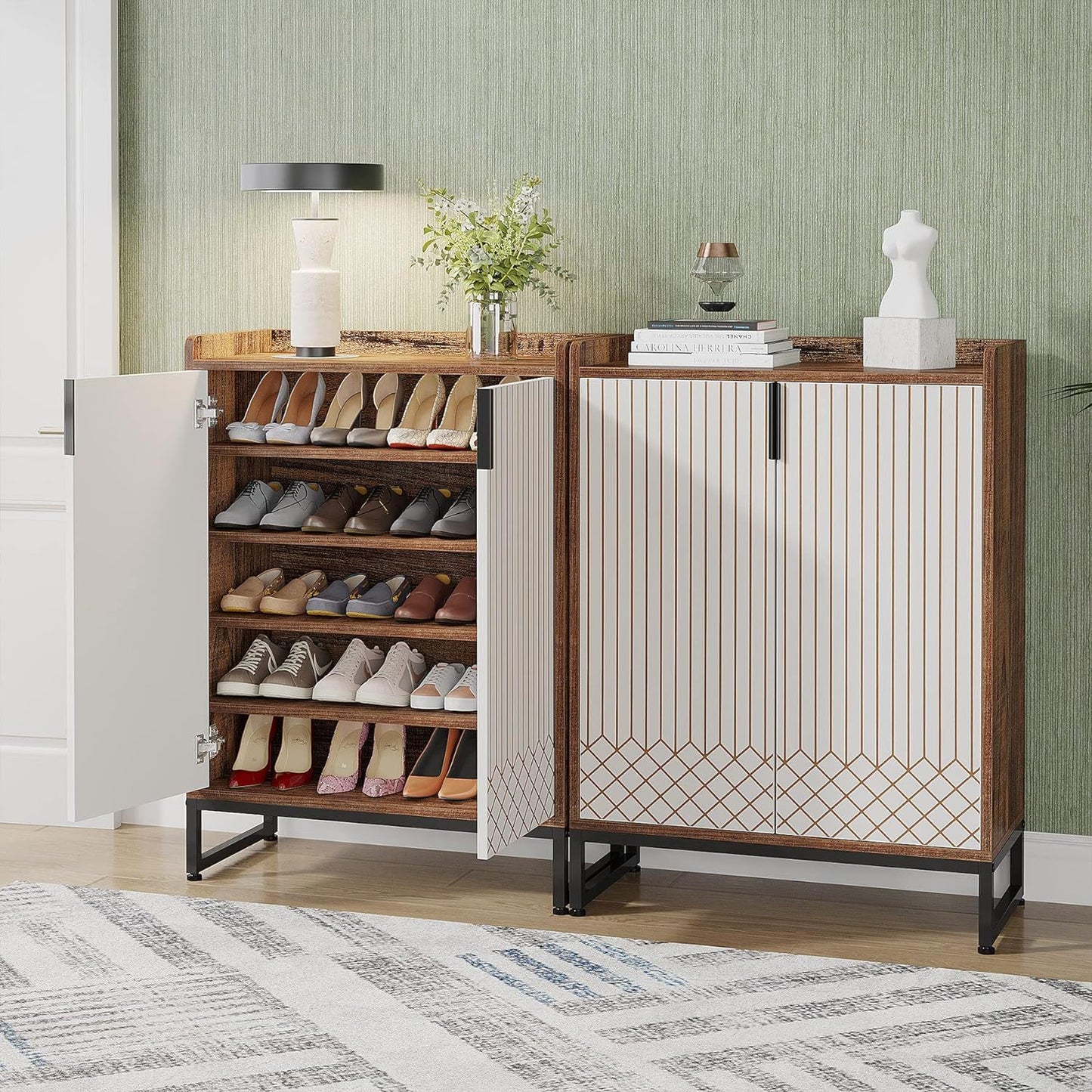 5 Tier Shoe Cabinet With Doors, Compact Entryway Storage Organizer