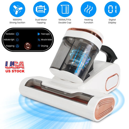 16000PA Double-Cup Bed Vacuum Cleaner 500W Mattress Handheld Vacuum Dust Mites Remover with Heating Function for Bed Sofa Rug