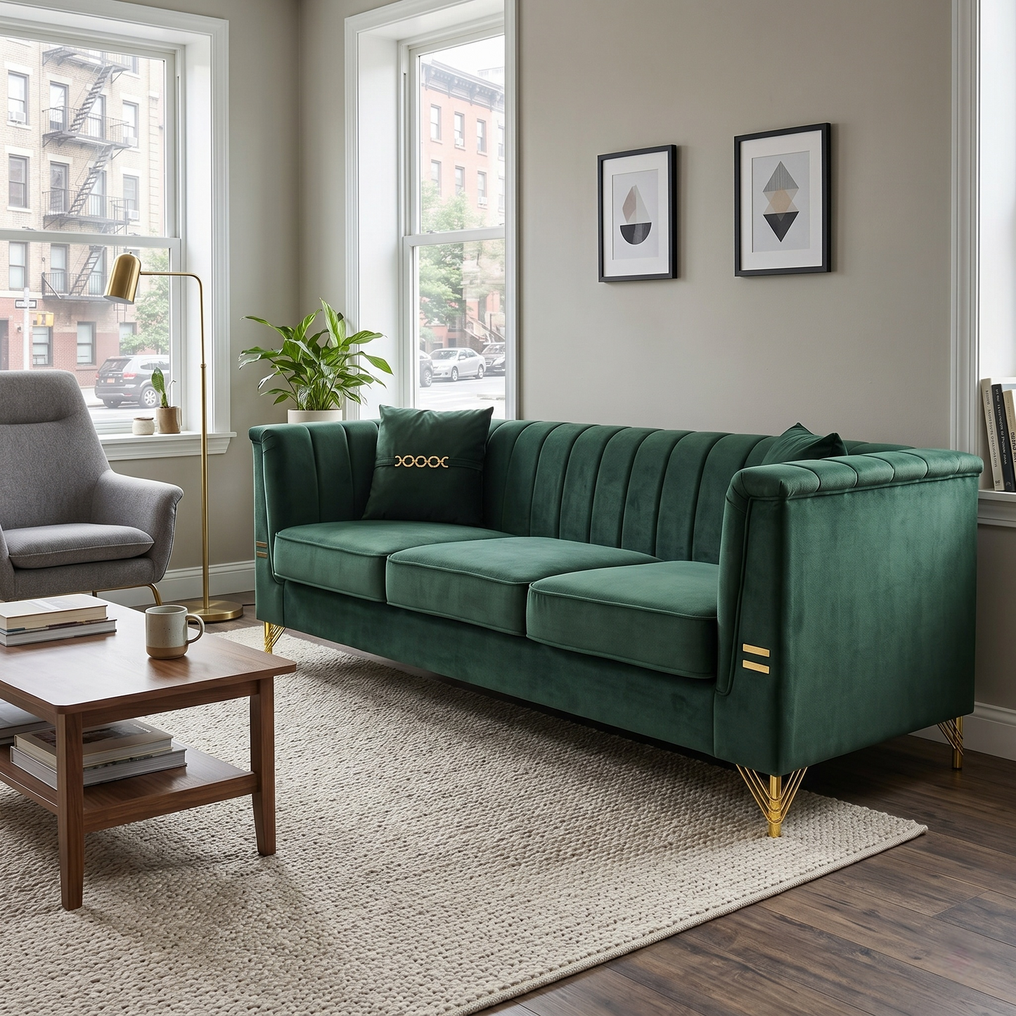 FX-P82-GR3 82.67" Modern Velvet 3-Seater Chesterfield Sofa with 2 Pillows