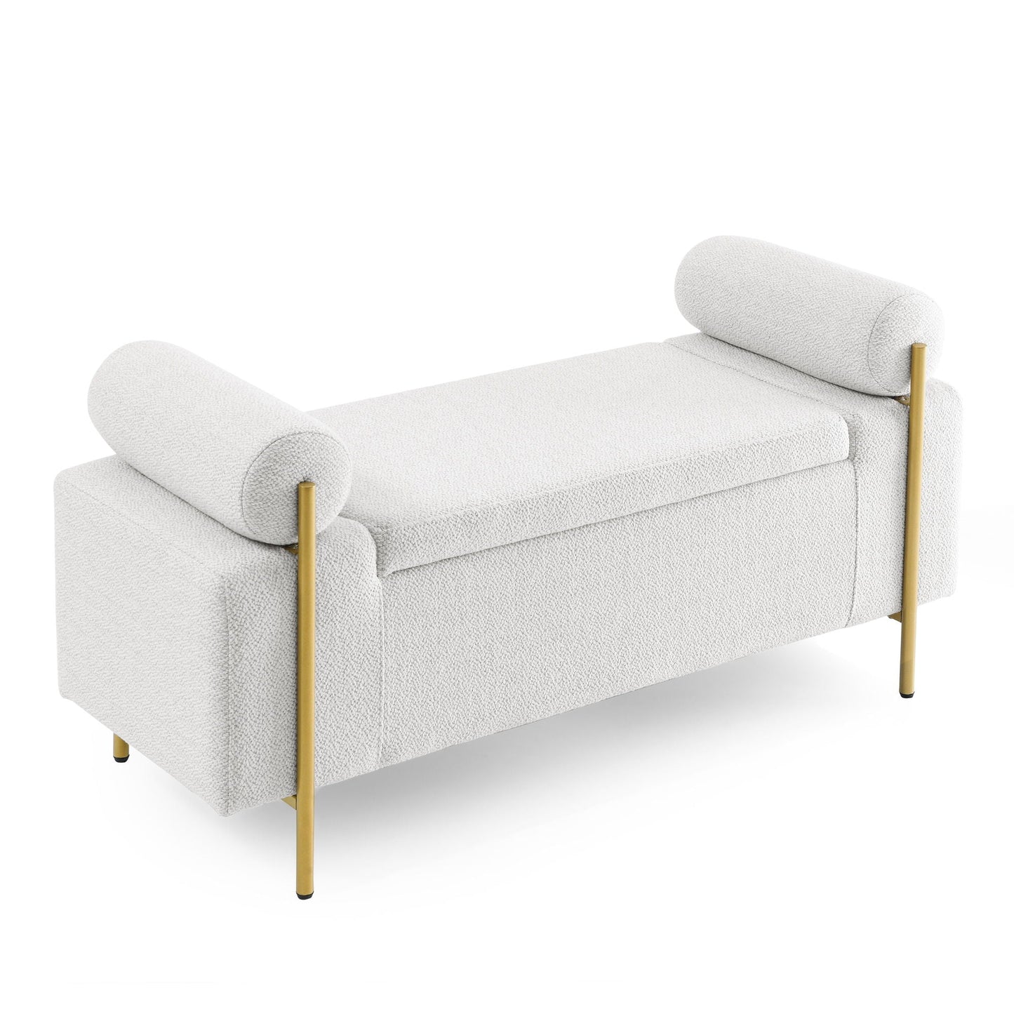 Elegant Upholstered Storage Bench With Cylindrical Arms And Iron Legs,