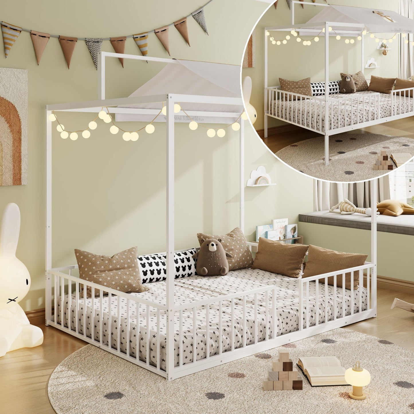 3 In 1 Convertible Montessori Floor Bed With Fenced Support