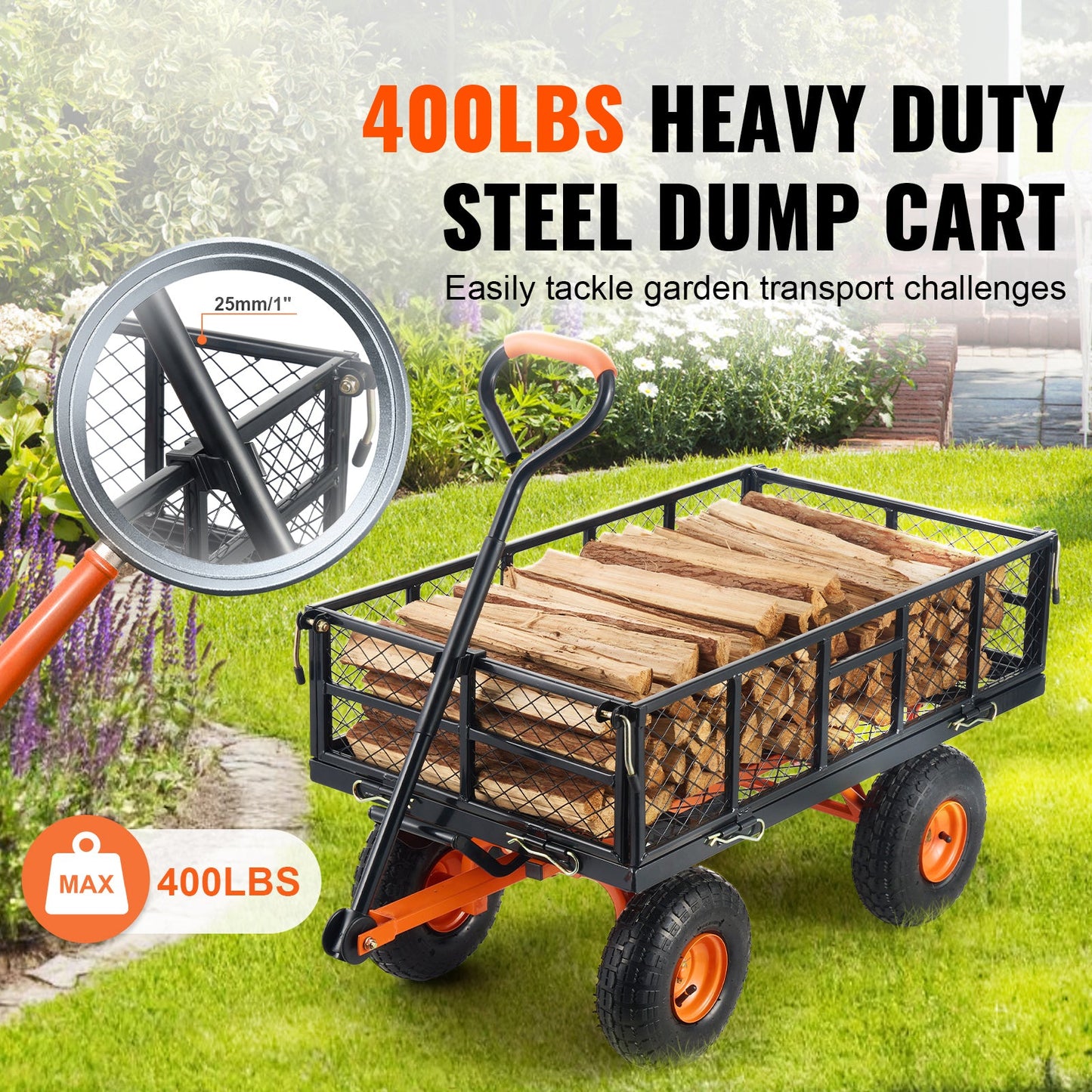 Metal Garden Dump Cart with Easy-Assemble Frame and Convertible Handle
