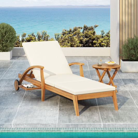 Outdoor Recliner Side Table Set with Acacia Wood and Adjustable Chaise Lounge
