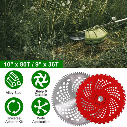 10" x 80T 9" x 36T Carbide Tip Brush Cutter Blades with Universal Adapter Kit Alloy Steel Blades Compatible with Brush Cutter Trimmer Weed Eater