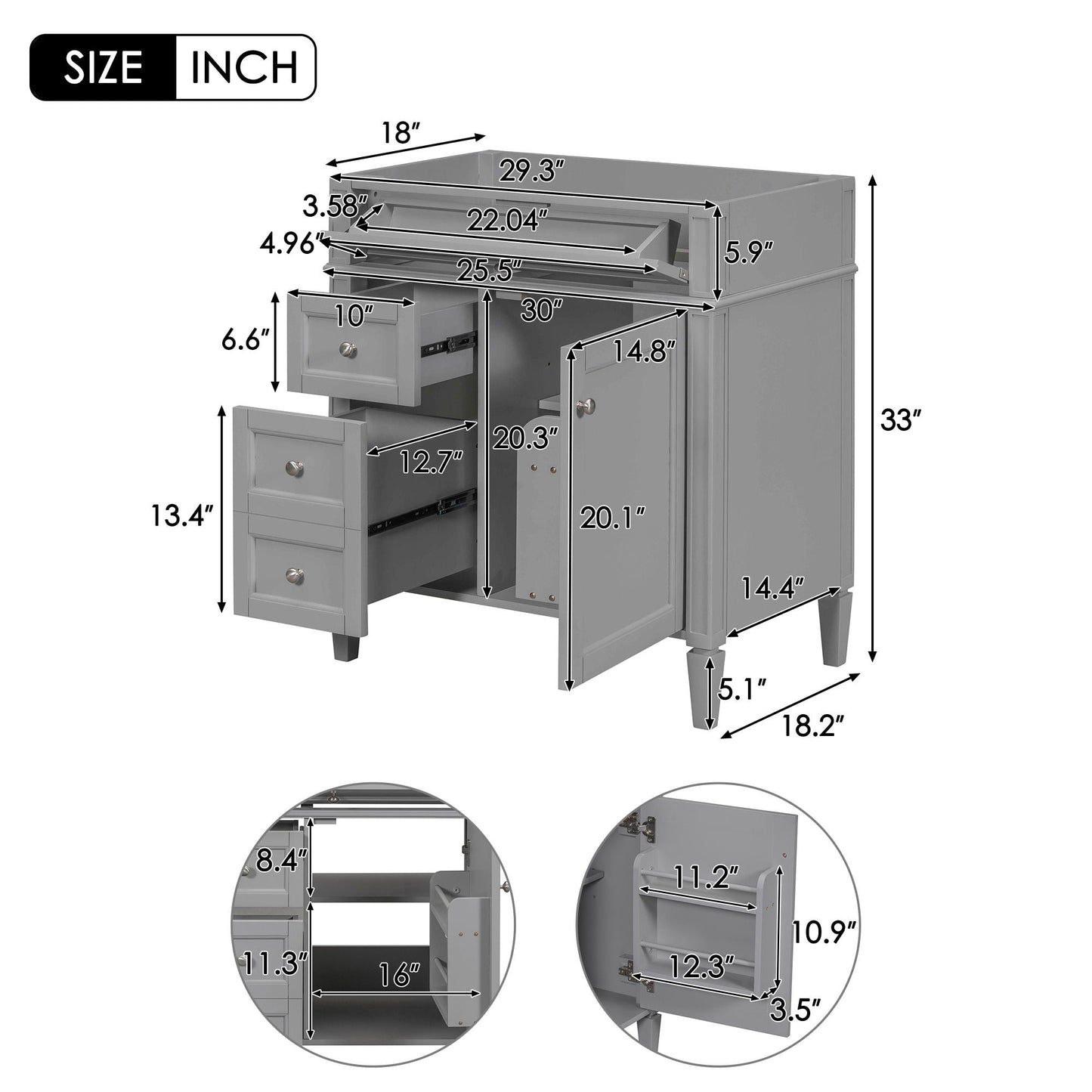 Bathroom Vanity With 2 Drawers and Tip-Out Storage Cabinet
